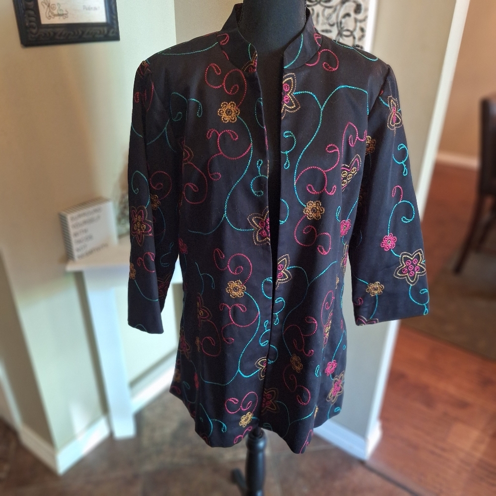 Chic Black Embroidered Floral Women's Blazer Sz L